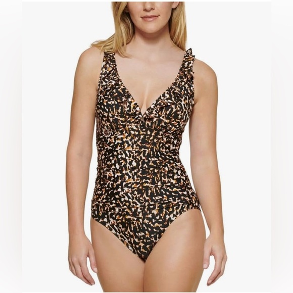 DKNY Women's Printed Ruffle Plunge Tummy-Control One-Piece swimsuit/size 12 - Picture 1 of 13